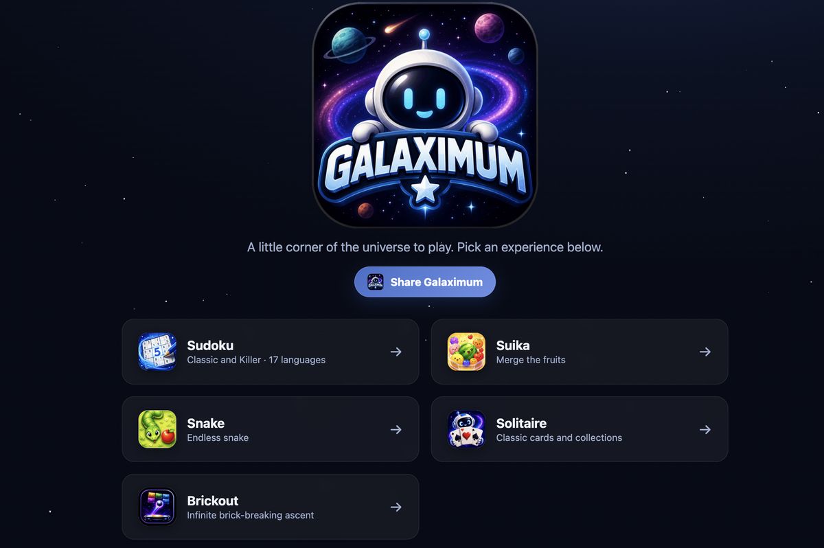 Page d’accueil de Galaximum : le logo et les cinq jeux (Sudoku, Suika, Snake, Solitaire, Brickout)